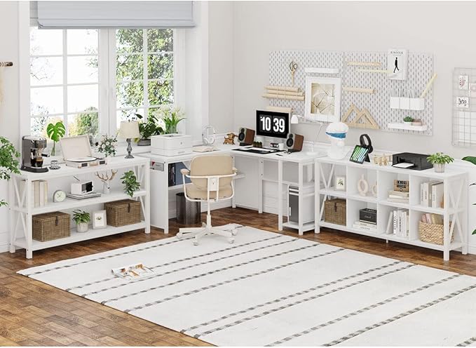 FATORRI 8 Cube Storage Organizer Bookshelf, Rustic Wood Cubby Bookcase, Industrial Horizontal Long Shelf for Living Room (White Oak, 62 Inch)