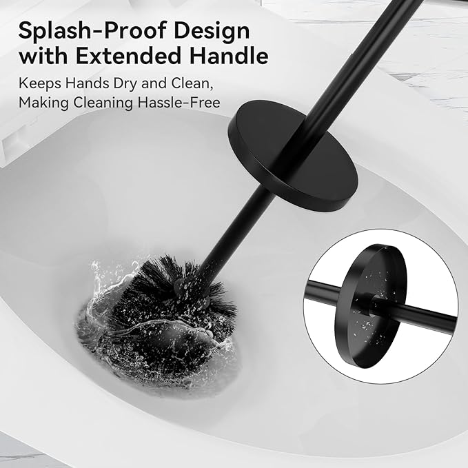 DOWRY Toilet Bowl Brush and Holder for Bathroom, Deep Cleaning Toilet Brush and Holder Set with Long Handle, Hidden Toilet Bowl Brush with Replaceable Head,Modern Decor Black Round