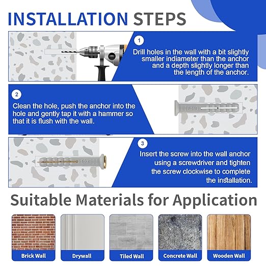 Drywall Anchors-180PCS Nails for Wall Anchors for Drywall Repair Kit, Premium Plastic Wall para Dry Wall Anchors and Screws Assortment Kit, Heavy Duty Self Drilling Picture Hanging Kit Hangers Screw