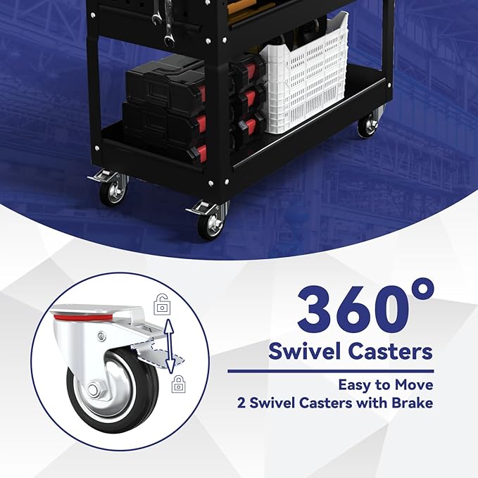 3 Tier Rolling Tool Cart with Drawer, 450 LBS Heavy Duty Utility Cart on Wheels, Service Cart for Garage, Workshop and Warehouse (Black)