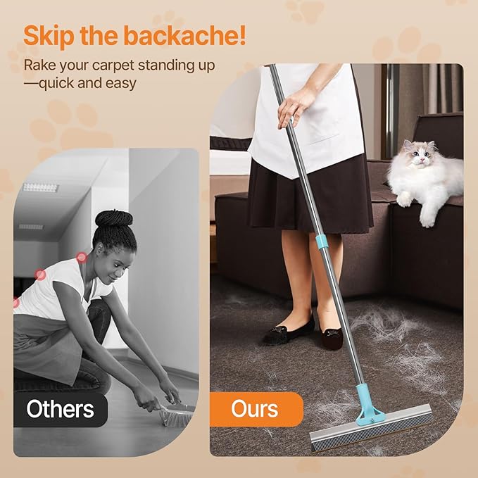 2 in 1 Carpet Rake for Pet Hair Removal, Reusable Pet Hair Remover, 54” Adjustable Long Handle Cat Dog Carpet Rake Scraper, Dog Hair Rake Brush for Rugs, Mats, Couch, Furniture