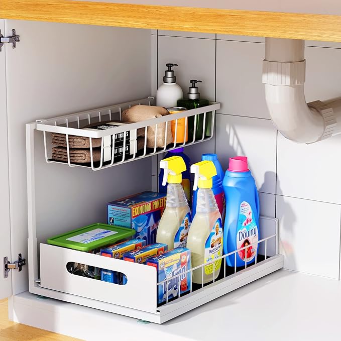 Under Sink Organizer, 2 Tier Under Sink Organizers and Storage Multi-Purpose Under Sink Storage for Bathroom Kitchen (White)