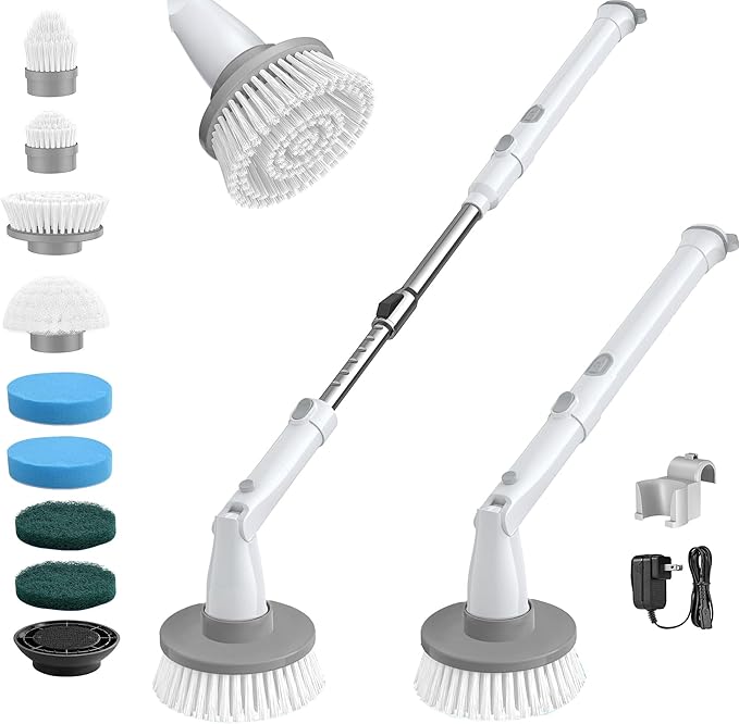 kHelfer Electric Spin Scrubber, Cordless Shower Scrubber with Long Handle, 8 Replacement Heads, 1.5H Bathroom Scrubber Dual Speed, Shower Cleaning Brush with Extension Arm for Bathtub Tile Floor