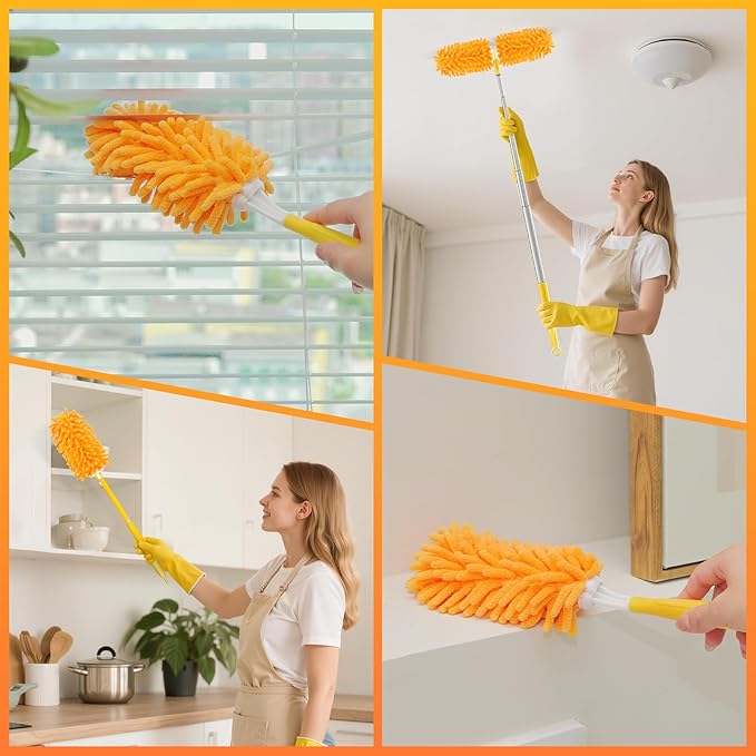 Reusable Duster Refill for Swiffer Duster Refill, 360° Heavy Duty Duster Refills Kit, 5 Pack with 1 Handle Microfiber Ceiling Fan Dusters for Cleaning（Orange, 5PCS）