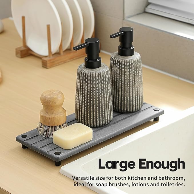 Instant Dry Sink Caddy Kitchen Sink Organizer, Quick Drying Stone Tray Diatomite Sponge Holder Soap Dish, Bathroom Countertop Fast Dry Water Absorbing Vanity Rack, Dark Gray,12" x 5"