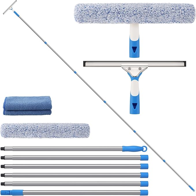 20 Feet High Reach Window Cleaning Kit with Extension Poles, Window Cleaner Tool with 14’’ Silicone Squeegee, Microfiber Scrubber & Cloth, Window Washing Equipment for Outdoor High Windows