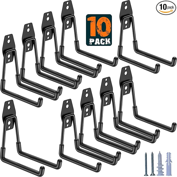 Heavy Duty Garage Hooks 10 Pack, 5.1 inch Medium U Shaped Hanger, Wall Mounted Storage System, Power and Garden Tool Organizer, for Hanging Ladders, Hose, Bulk Items and More