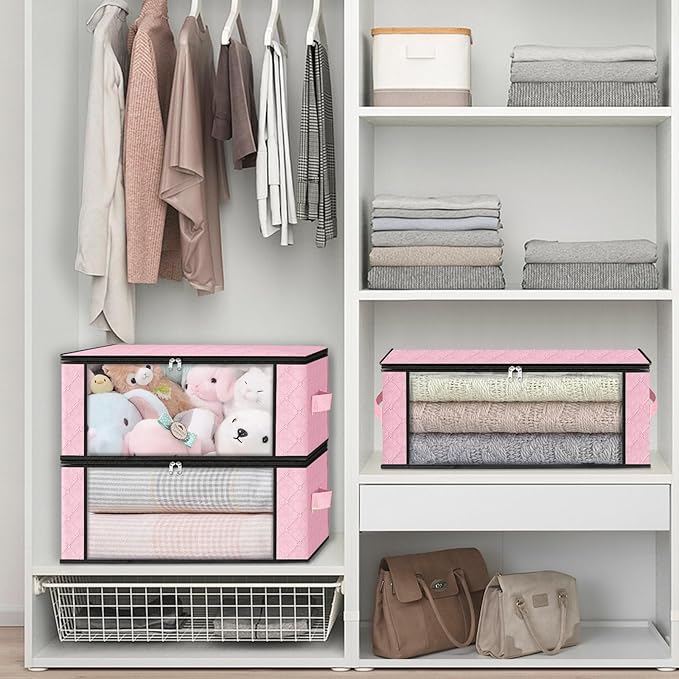 HomeHacks Storage 6-Pack Clothes Organizer Storage Bags Foldable Storage Box with Large Clear Window Sturdy Handles for Closet, Dorm, Pillows, Bedding, Clothes, Blankets, 35L, Pink