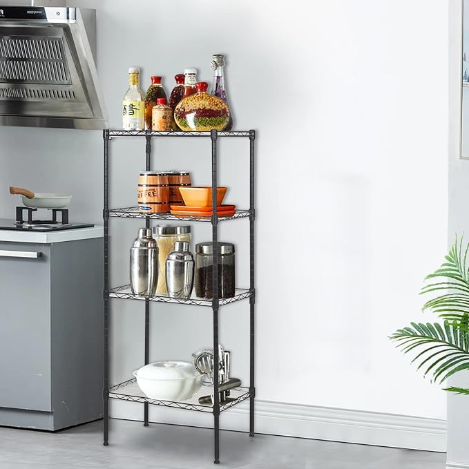 FDW 18L x 12W x 44H Wire Shelves Metal Shelf with 4 PP Sheets Storage Shelves 4 Tier Layer Storage Shelves for Laundry Bathroom Kitchen Garage,Black