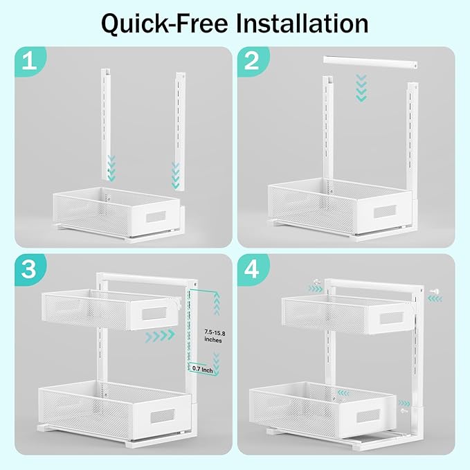 Under Sink Organizer Adjustable Height 2 Tier Bathroom Organizer Pull Out Cabinet Organer kitchen organizers and storage fridge organizers and storage,White,XL-1 Pack