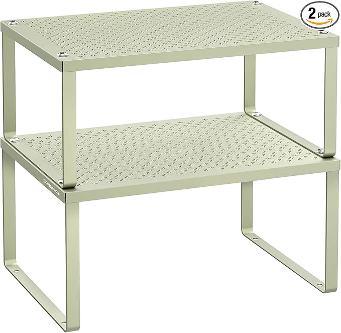 SONGMICS Spice Racks, Set of 2 Metal Cabinet Shelf Organizers, Countertop Organizers, Shelf Risers, Stackable, Expandable, Sage Green UKCS001C01