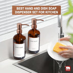 GMISUN Amber Glass Soap Dispenser, 2 Pack Bathroom Hand Soap Dispensers with Rose Gold Pump, 17 Fl Oz Kitchen Hand and Dish Soap Dispenser Set, Modern Vintage Liquid Brown Soap Dispensers Bottle