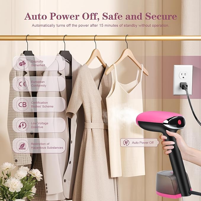 Steamer for Clothes Handheld Clothes Steamer 1300W Portable Garment Steamer Auto Shut-off 20-Second Fast Heat-up with Adjustable Steam 12.34oz Detachable Water Tank for Home Office Travel