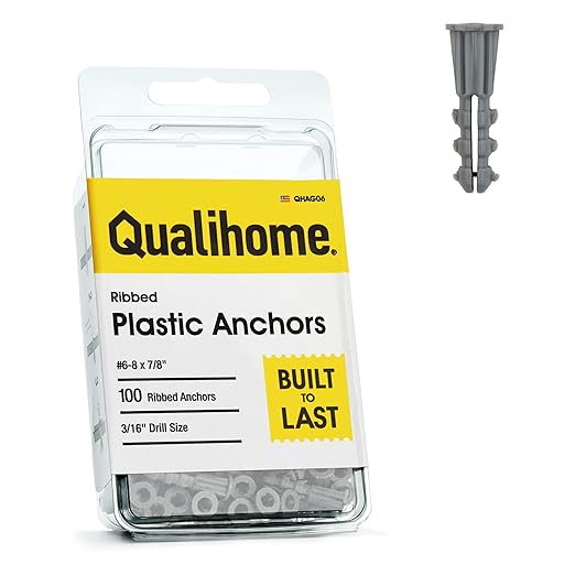 Qualihome Drywall Anchors Premium Quality Ribbed Lightweight Plastic Anchors for Hollow Walls – Wall Hanging Anchor Kit for Pictures, Artwork & Light Duty Anchoring Application (#6-8 x 7/8")