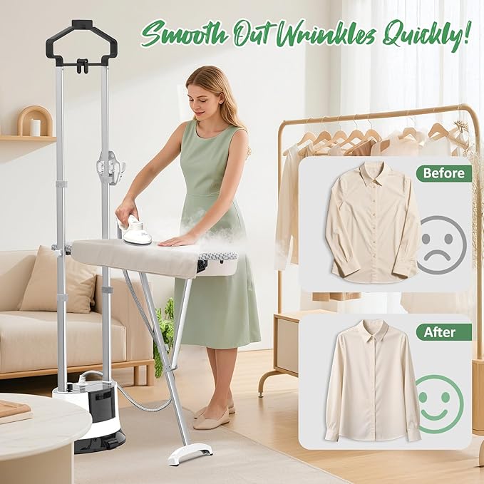 Standing Garment Steamer 1500w Professional Steamer for Clothes with Flat & Hanging Iron Options, Dry & 3-Stage Steam Ironing, 30s Fast Heat-up, Ironing Board, 1.6L/54FL.OZ Water Tank