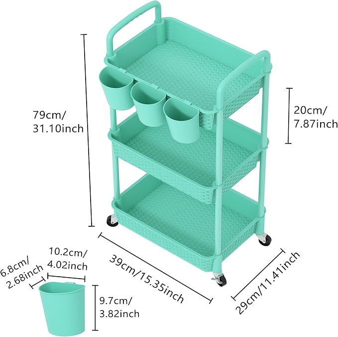 MOYIPIN 3-Tier Plastic Rolling Utility Cart with Handle,Utility Storage Cart for Office, Living Room, Kitchen,Movable Storage Organizer Shelves,Turquoise with 3 Hanging Cups
