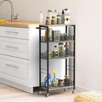 4 Tier Slim Storage Cart Narrow Laundry Cart on Wheels Utility Kitchen Rolling Cart with Wood Tabletop Mobile Shelving Unit Bathroom Storage Organizer Slide Out Rolling Tower for Narrow Spaces