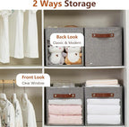 Storage Cube Organizer with Clear Window, Linen Collapsible Storage Boxes with PU Handles, Cube Storage Bins for Shelf, Closet, Cabinet, Bookcase (10.5x10.5x11, Gray)