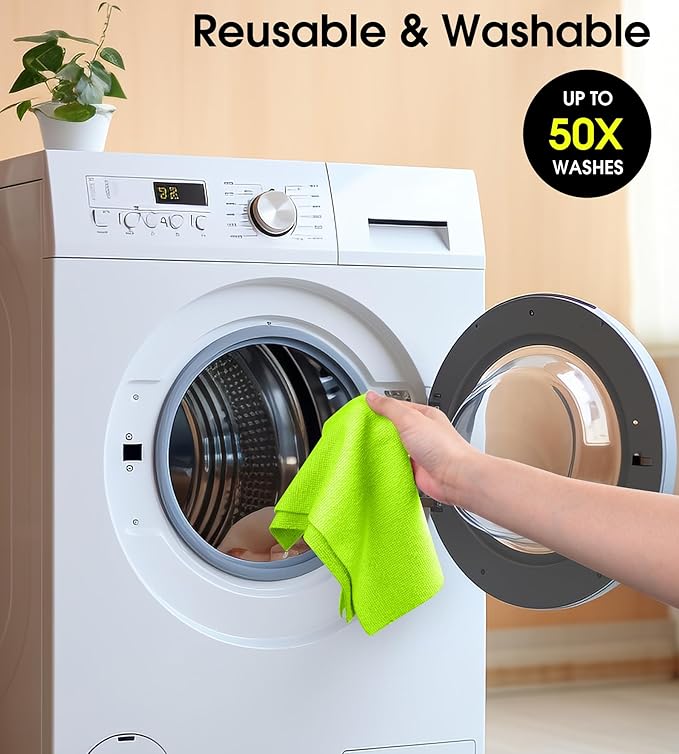 KitchLife Microfiber Cleaning Cloth Roll, 100 Pack - Tear-Away Microfiber Paper Towels, Lint-Free, Reusable, Washable for Kitchen, Car, Dishes, and Sensitive Surfaces (Neon Green)