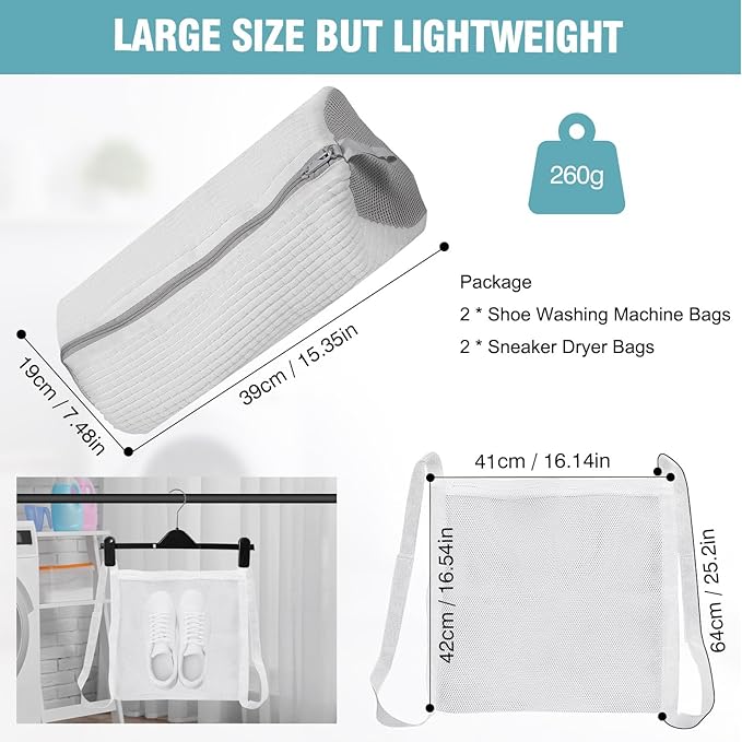 Shoe Washing Machine bag, Shoe Laundry Bag for Washer and Dryer, Include Dry Net Bag, Reusable and Durable Zipper with Hook Design, Shoe Washing Bag for Sneaker (White, 2PCS)