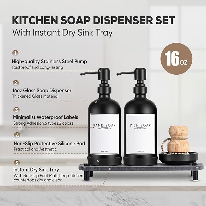 Kitchen Soap Dispenser Set with Instant Dry Tray,16 Oz Hand and Dish Soap Black Glass Dispenser Set,Stainless Steel Pump,Waterproof Labels&Dish Brush,Luxury Soap Bottle for Kitchen,Bathroom