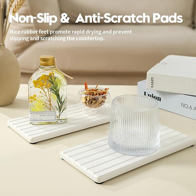 2PCS Water Absorbing Stone Drying Tray Mat For Bathroom Sink & Kitchen Counter Faucet Organizer Decor, Quick Dry Dish Soap Dispenser Sponge Holder, Vanity Sink Caddy Bar Coaster,White-8"*3.8"
