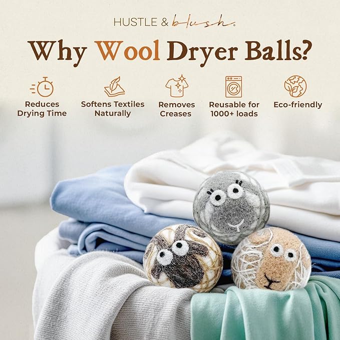 Hustle & Blush Fluff Ewes Wool Dryer Balls 3 Pack - XL Lights Premium New Zealand Laundry Set, Reduces Drying Time, Static Control, Chemical Free, Ideal Holiday Gifts for Women & Men
