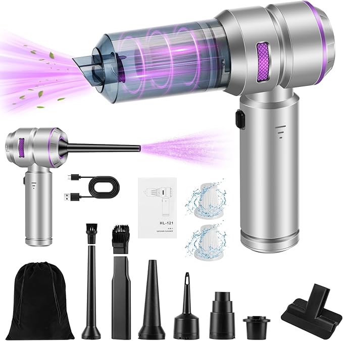 Handheld Car Vacuum Portable Cordless - 18000PA High Power with Brushless Motor, 4-in-1 Air Duster, Blower, Pump & Rechargeable Mini Vacuum for Car, Home, Office (Silver Grey+Purple)