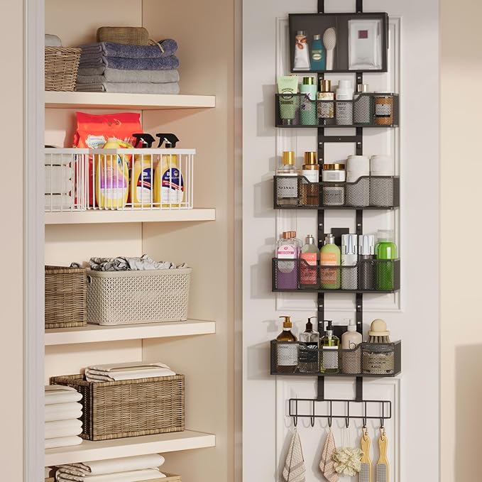 Adjustable Over The Door Organizer, Closet Door Organizer Heavy Duty Hanging Door Storage with 4 Metal Baskets and PVC Pocket, Behind Organizer for Bathroom Closet Bedroom Cabinet, Black