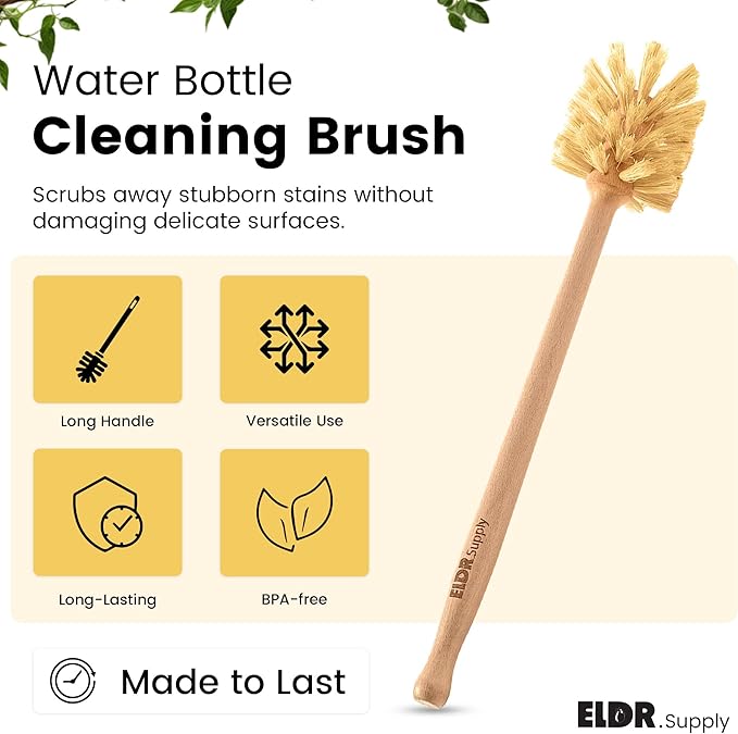 Bottle Brush, 14in Extra Long German Beechwood Handle, Strong Hemp Bristles, Zero Waste, Cleans and Scrubs Hard to Reach Wide Mouth Jars, Glasses, and Tumblers