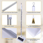 Heavy Duty Broom and Standing Dustpan Combo Set, Rotatable Head Dust Pan and Brush Set with Collapsible Handle, Cleaning Teeth, Hanging Loop, Ideal for Pets, RV, Kitchen, Camping, Outdoor Floor, White