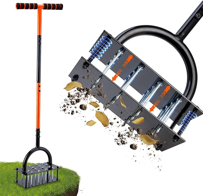 Bluesea Lawn Aerator Tool - 16 Iron Spikes with Ergonomic T-Handle, Automatic Dirt Clean for Soil Loosening & Yard Aeration, Manual Metal Grass Aerator (Black - Orange)