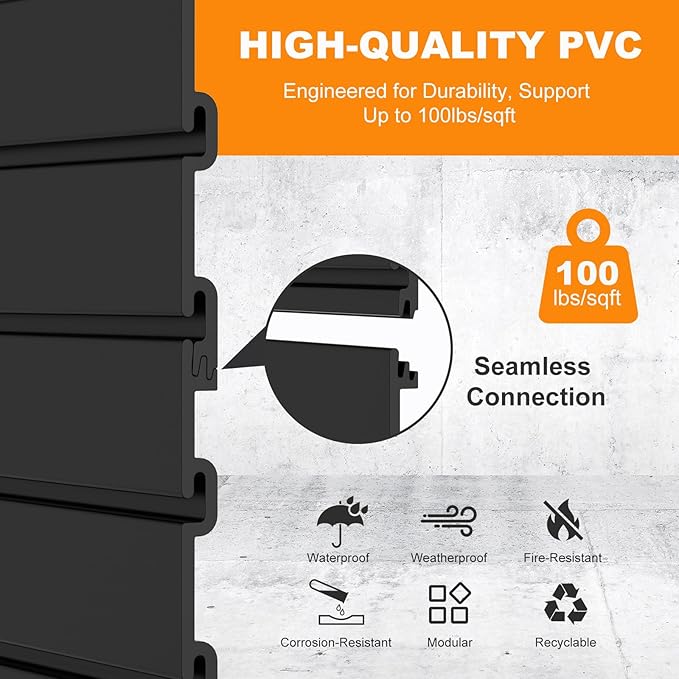 DoCred Slatwall Paneling Organizer, 4x2 FT PVC Garage Slat Wall Storage Systems, Heavy Duty Mounted Slat Peg Board for Tool Organization Ladder Bike Includes 20 PCS Hooks Accessories Kit (Black)