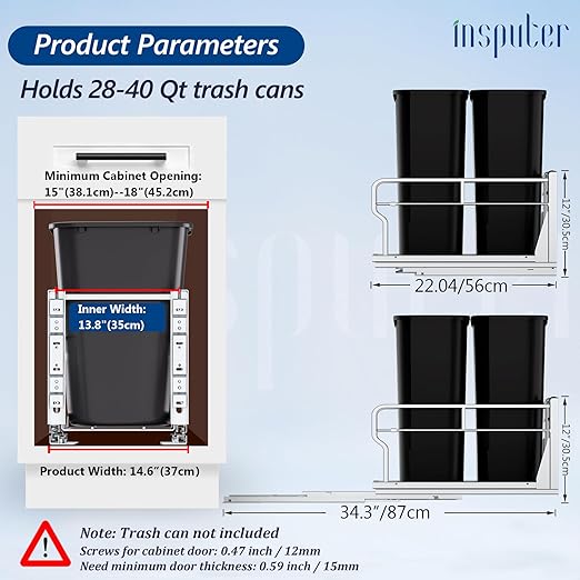 Insputer Dual Pull Out Trash Can Under Cabinet with Soft-Close Slides, Heavy Duty Under Sink Trash Can Kit for Kitchen Sink, Laundry, Garbage Can Not Included, Requires 17" W X 24" D Cabinets