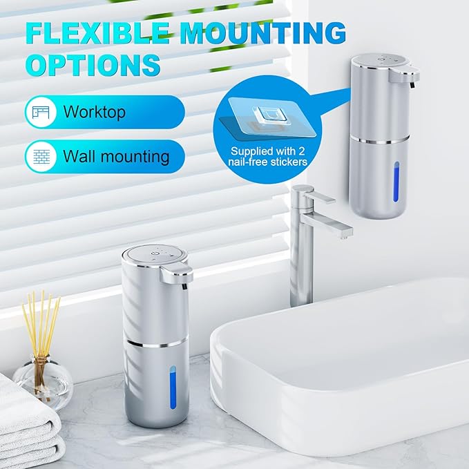 Automatic Foaming Soap Dispenser, 12.8oz/380ml Wall Mount Touchless Soap Dispenser with Sensor, 4-Level Adjustable, IPX5 Waterproof, USB Rechargeable for Bathroom, Kitchen