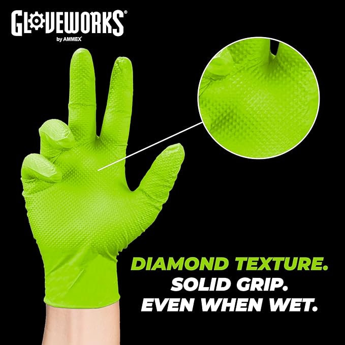 GLOVEWORKS HD Green Gloves, 8 Mil Nitrile Disposable Heavy Duty Raised Diamond Grip Mechanic Glove, Bulk Purchasing Options