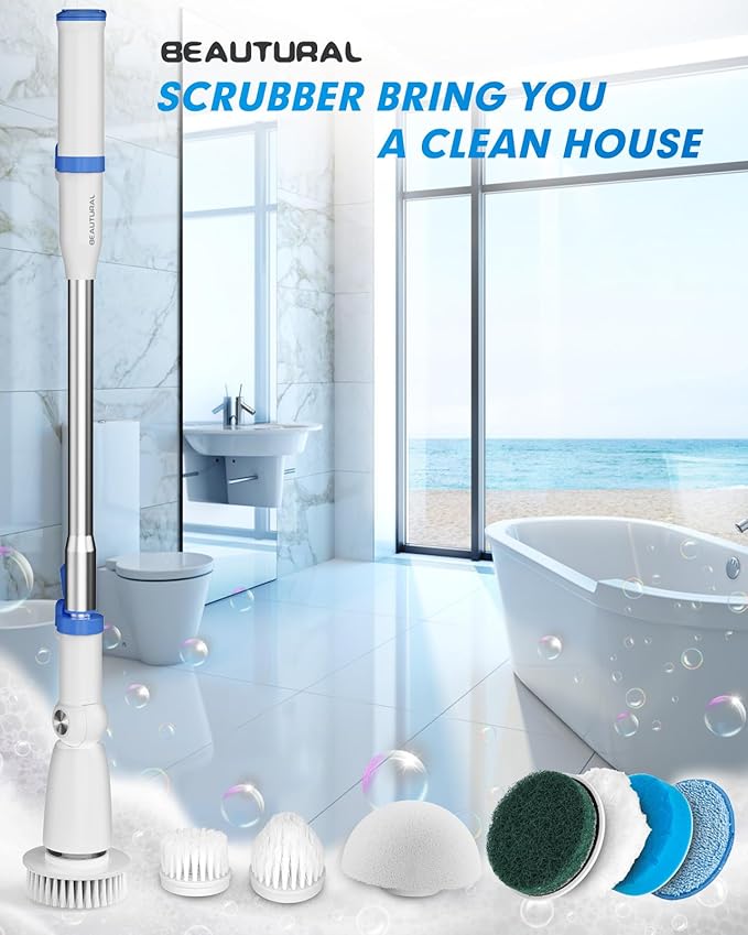 BEAUTURAL Cordless Electric Spin Scrubber, Efficient & Effortless, 2 Adjustable Speed & 3 Length with 8 Brush Heads – Bathroom, Kitchen, Tile & Grout Cleaning