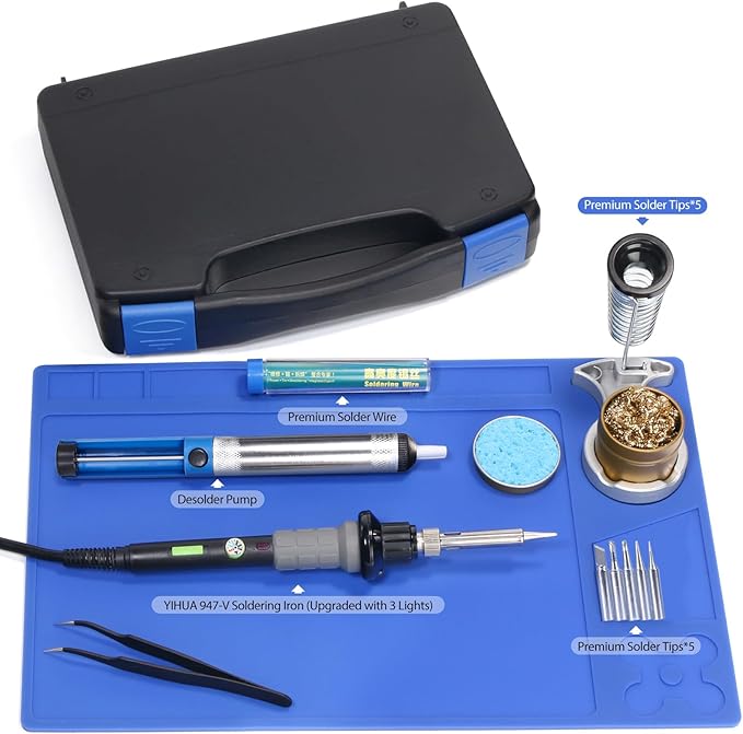 YIHUA 947-V Soldering Iron Kit with 3 LED Lights, Temperature Control, 5 Premium Solder Tips, Desoldering Pump, Indicator & ON/OFF Switch-60 Watts Soldering Iron, Solder Wire, Tip Cleaner, and more.