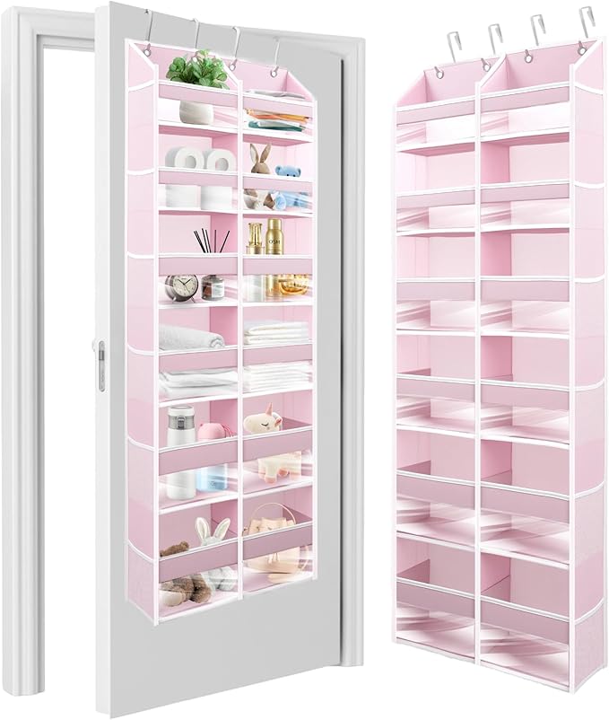 HOMELUX THEORY UPGRADED Over The Door Organizer Hanging - 100D EXTRA THICK & 50lbs HUGE CAPACITY 6 Large Front & 12 Side Pockets, Over The Door Shoe Organizer, Hanging Closet Organizer (Baby Pink, XL)