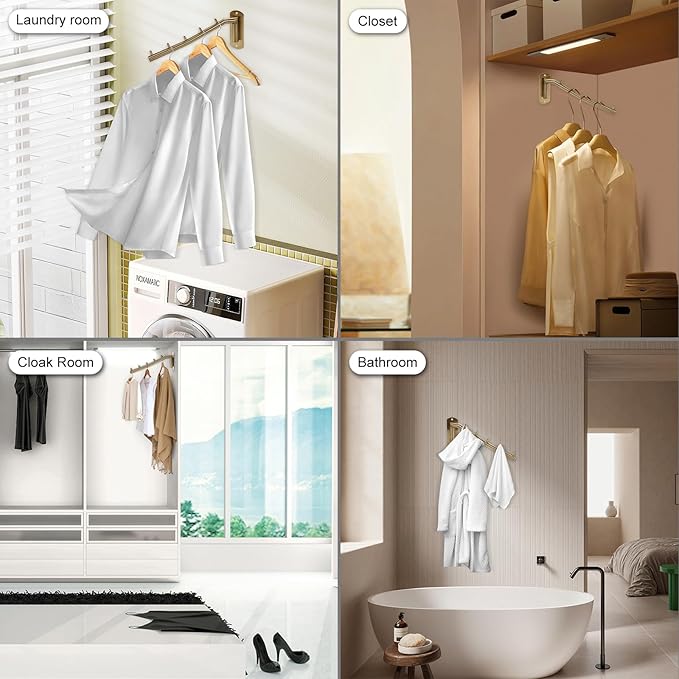 Sumnacon Stainless 2 Pcs Steel Clothes Hanger Rack-Wall Mount Garment Hook with Swing Arm, Sturdy Coat Robe Storage Organizer for Laundry Room Bedrooms Clothing Drying Rack with 5 Hooks, Gold