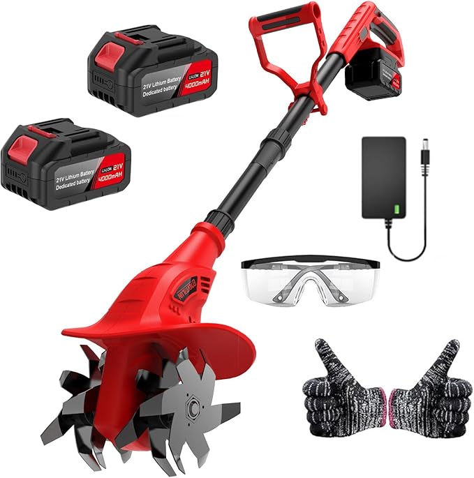 21V Cordless Electric Tiller for Gardening, 360 RPM Garden Tiller with 2×4.0AH Batteries & Charger, 9" Width, 6.3" Depth, Battery Powered Mini Cultivator, Portable Rototiller for Lawn Soil Cultivation
