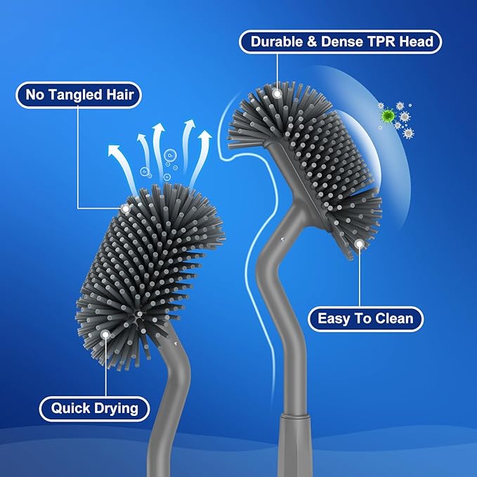 HAMITOR Toilet Bowl Brush Holder Set: Deep Cleaning Silicone Toilet Cleaner Scrubber Under Rim with Curved Bristle for Bathroom Dead Corner Clean - Modern Rv Toilet Decorative Accessories - Gray