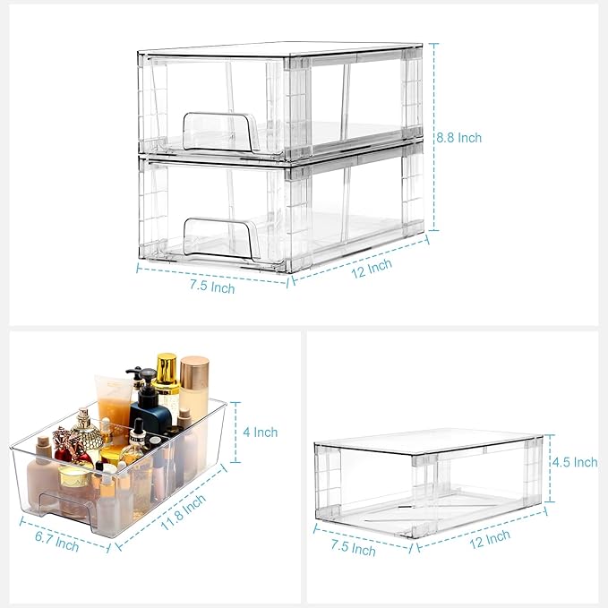 2 Pack Stackable Storage Drawers,Plastic Organizers Bins, Drawers Storage with Handles and Movable Dividers for Organization and Storage in Fridge,Dressers, Pantry, Kitchen Cabinets, Under Sink