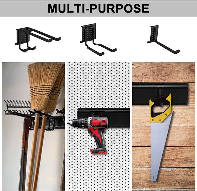 Mayouko 48 Inches Garage Tool Storage Rack, Garage Garden Storage Organizer Wall Mount, 16" x 3 Racks, Yard Shovel Rack Holder for Hanging Landscaping Equipment, Ladders, Adjustable Hook