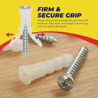 Qualihome Ribbed Plastic Drywall Anchor Kit, Wall Anchors and Screws for Drywall Includes Anchors, & Screws, 1 Masonry Drill Bit, Mounting Tolls for Decor, Shelving ([25 Pack] 14-16 x 1-1/4")
