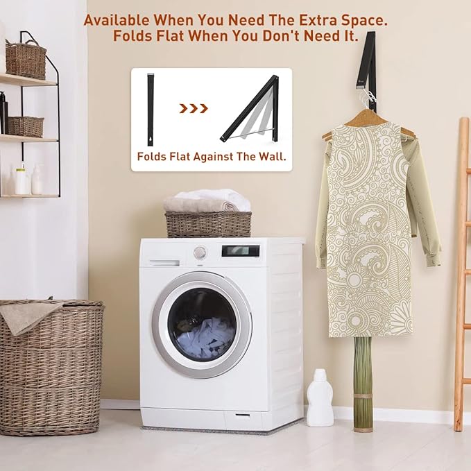 Laundry Room Clothes Rack - Wall Mounted Retractable Folding Clothes Hanger Drying Rack for Laundry Room Closet Storage Organization, Aluminum, Easy Installation (Black)