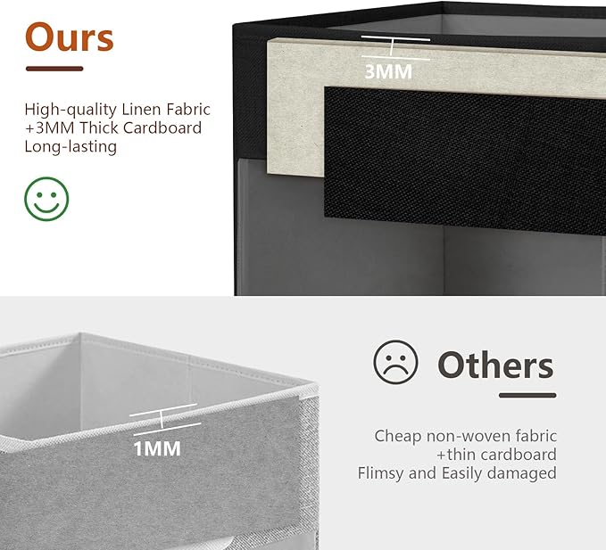 Storage Cube Organizer with Clear Window, Linen Collapsible Storage Boxes with PU Handles, Cube Storage Bins for Shelf, Closet, Cabinet, Bookcase (13x13x13, Black)