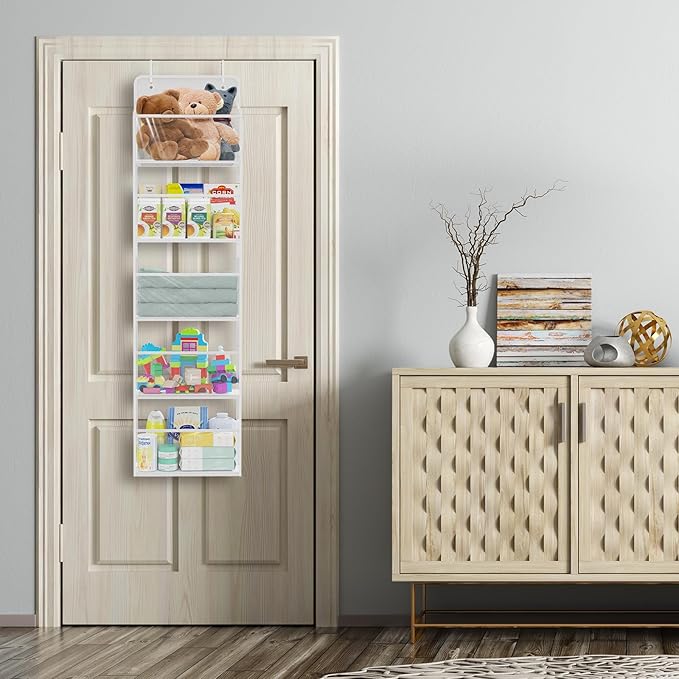 Univivi Over The Door Organizer Behind The Door Storage, Baby Door Storage with 5 Clear Plastic Pockets & 2 Big Metal Hooks for Cosmetics, Bathroom, Nursery and Sundries