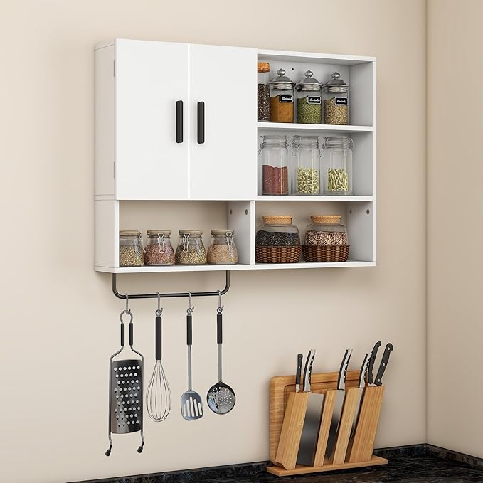 Wooden Bathroom Organizers, Over The Toilet Storage Cabinet with 2 Doors, Adjustable Shelves & Towel Bar, Wall Mounted Medicine Cabinet for Kitchen & Laundry, White