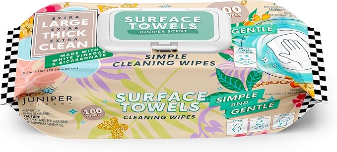 Single Surface Cleaning Wipes Bleach Free, Thick & Large Dispose, All-Purpose Cleaner for Bathroom, Kitchen, Office, 100 Count Soft Flow, Biodegradable, Juniper Scent